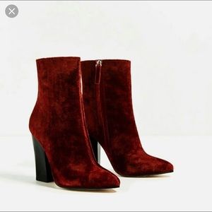 Zara red velvet boots
